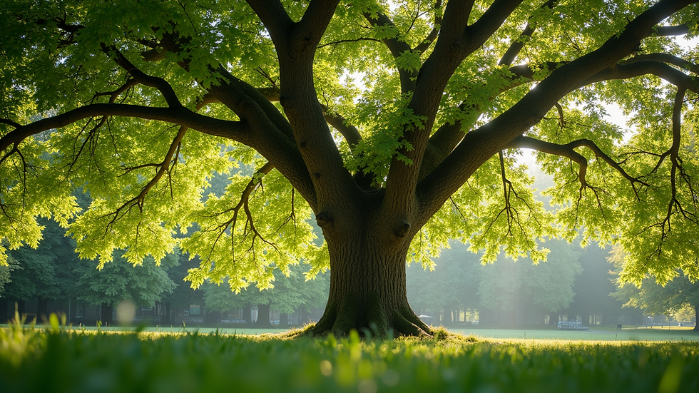 Eye-level view of a large oak tree with fresh green leaves in a sunny park