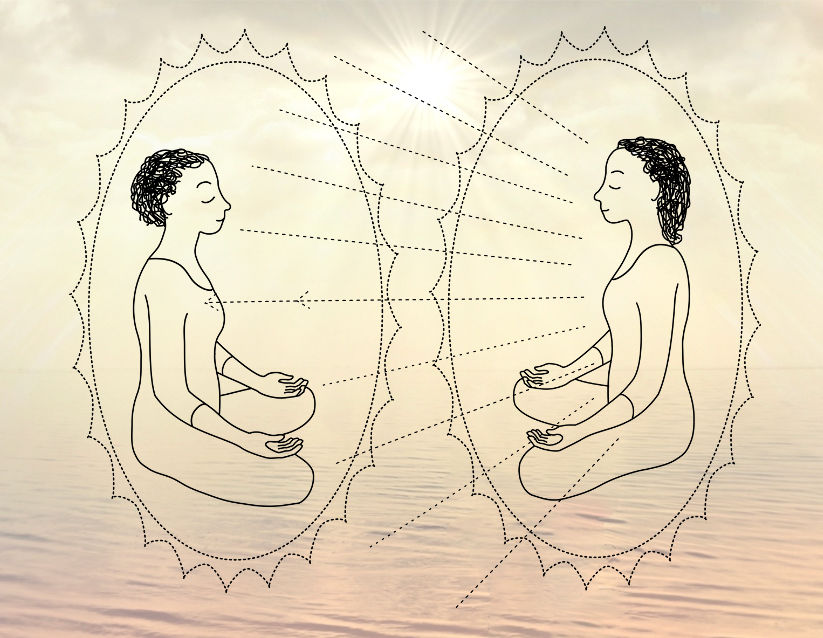 Lijntekening van twee mensen die met gekruiste benen zitten, tegenover elkaar, met stippellijnen die hen verbinden. Ze zijn omsloten door uitstralende ovalen, wat hun aura symboliseert. De achtergrond toont een serene, lichtgevulde lucht en water.