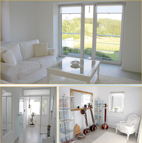 Een collage toont een lichte gespreksruimte in Jay-House met een witte bank, een glazen salontafel, grote ramen met uitzicht op groene natuur in de Belgische Eifel, een hal met planten en een wachtruimte met muziekinstrumenten en een wandspiegel.
