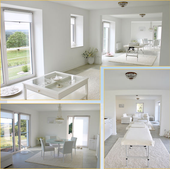 Een collage van lichte, moderne kamers in Jay-House is voorzien van minimalistisch meubilair, grote ramen en een neutrale inrichting. Groen buiten versterkt de luchtige sfeer, terwijl de ruimtes beschikken over een stijlvolle gespreks- en vergaderruimte en plek voor healing- en massage.