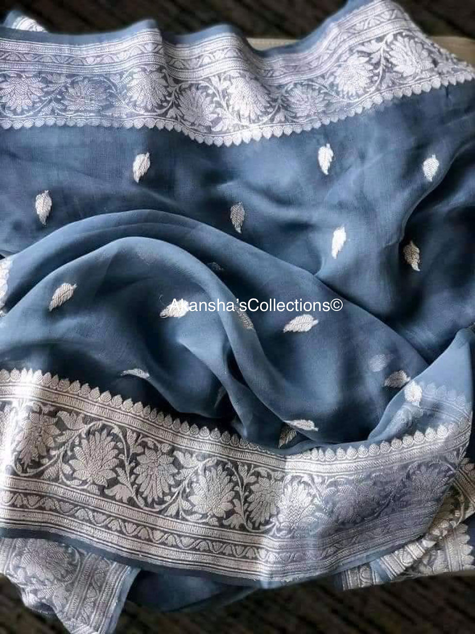 Thumbnail: Grey Benarasi Georgette Saree with Silver Jari Weaving and unstitched blouse material