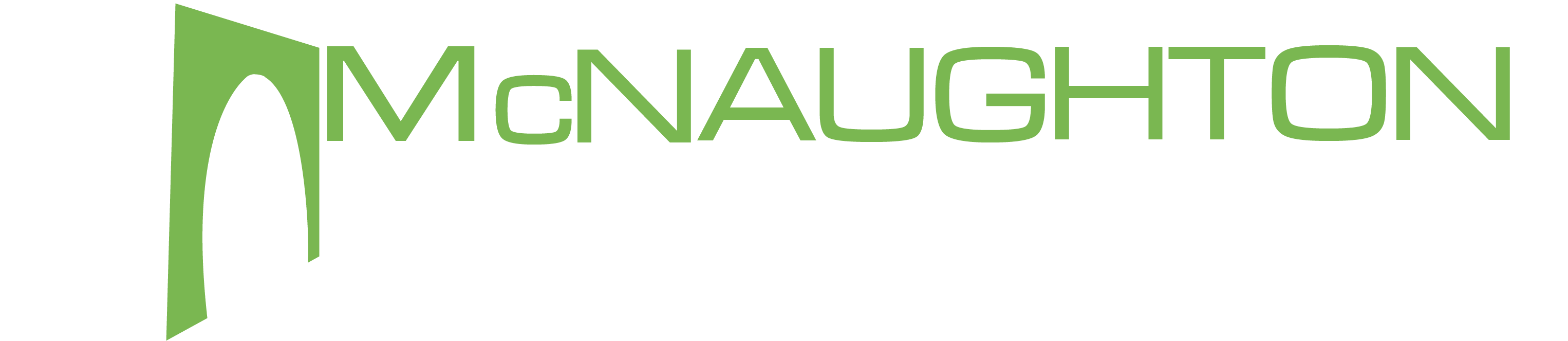 Logo of McNaughton Real Estate, the brokerage associated with Rachel Helton, Northwest Arkansas Real Estate Agent. The logo features an icon on the left with a white left half featuring a tree cutout and a soft, bright green right half with an arched bridge cutout. The stacked text 'McNaughton' in green (matching the icon) and 'Real Estate' in white, both in a wide but thin font, is positioned to the right of the icon.