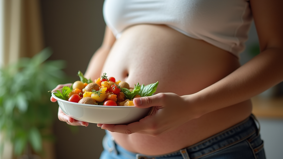 Close-up view of a pregnant woman holding a healthy meal