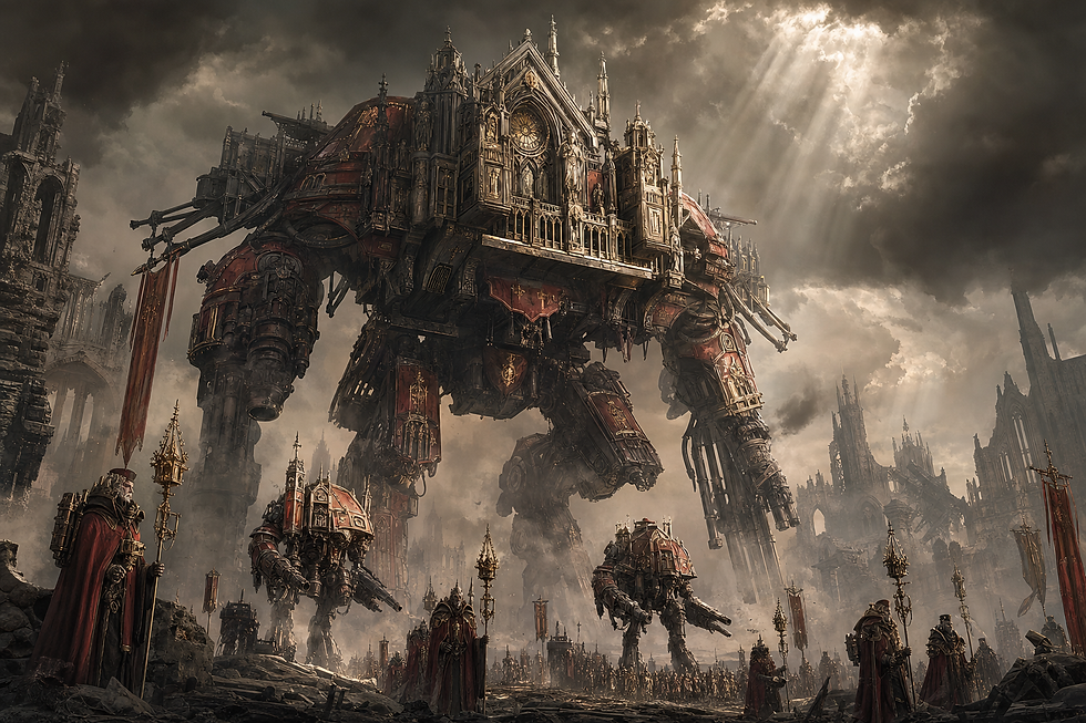 Titan de l’Adeptus Mechanicus escorté par des Chevaliers dans une cité en ruines