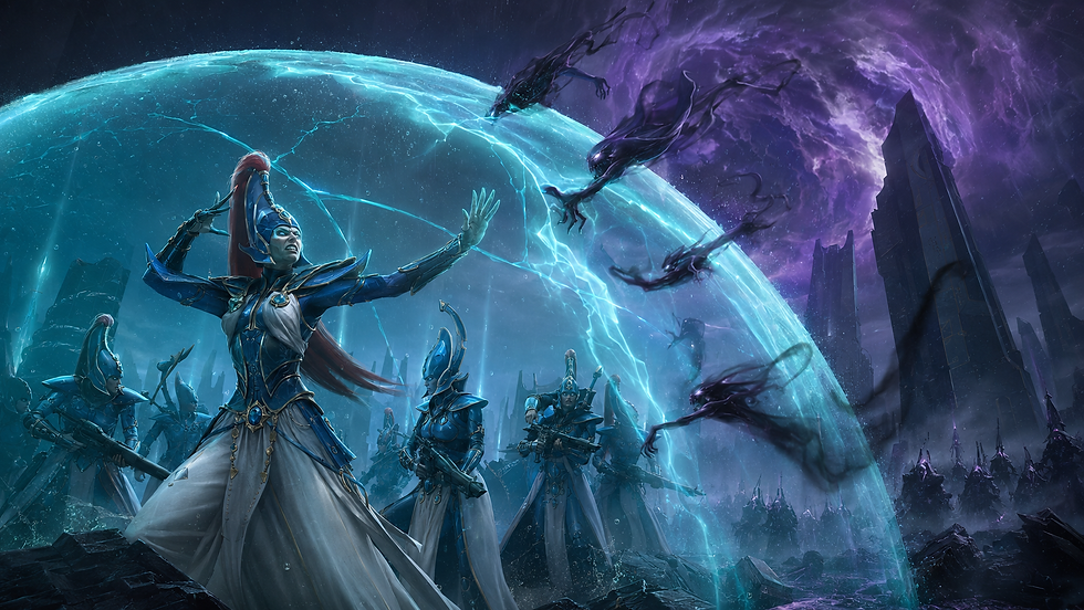 Prophète Aeldari manipulant les pouvoirs psychiques du Warp dans Warhammer 40K
