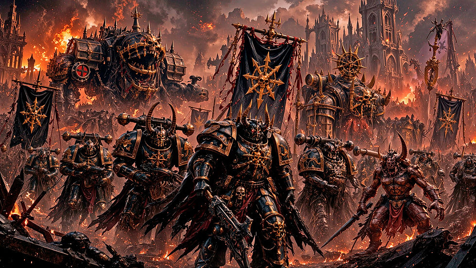 Guerriers démoniaques en armure noire devant une cathédrale en flammes, bannières sombres et ciel apocalyptique.