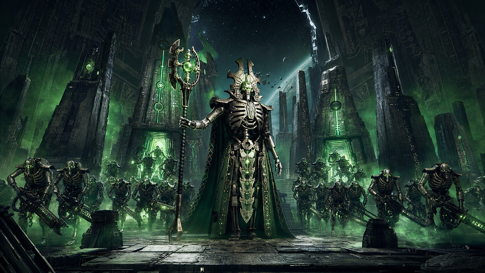 Rei Necron imortal comandando legiões de metal em um mundo-tumba