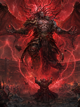 Angron, Primarque Démon de Khorne, dominant une armée de World Eaters dans une tempête rouge