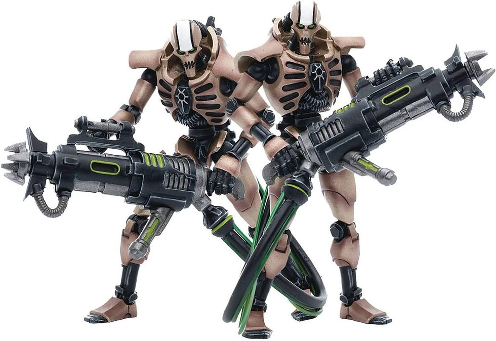 Dois robôs esqueléticos com armas futuristas pretas, em fundo branco, em pose de combate; detalhes verdes e bege.