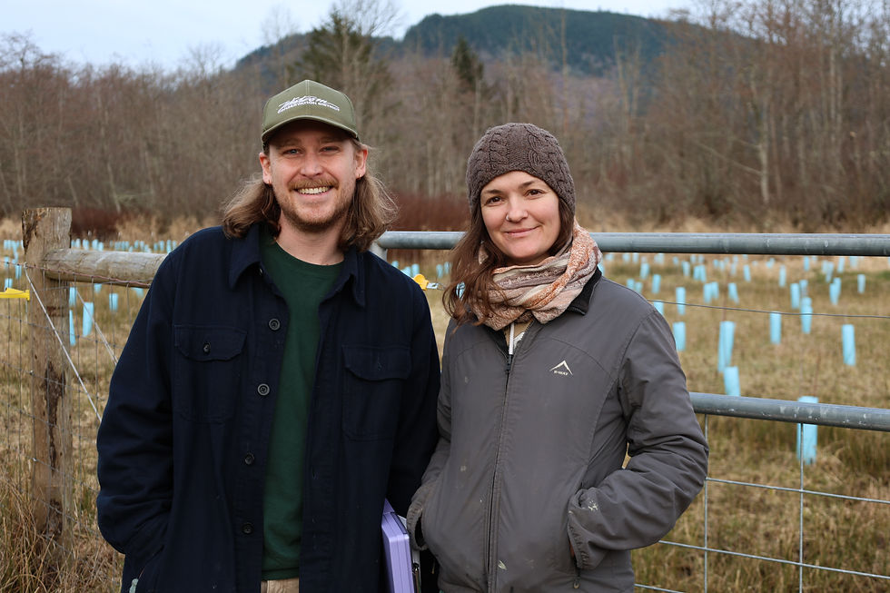 A man and woman smile next to a gate and fencing which has seedling protection tubes in it, indicating newly planted plants.