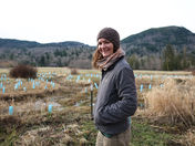 A woman stands in a sea of seedling protection tubes.