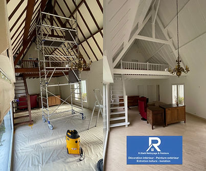 Peinture intérieure à la boule sur plafond de grande hauteur avec échafaudage roulant et mezzanine par R-Stahl Nettoyage & Peinture.