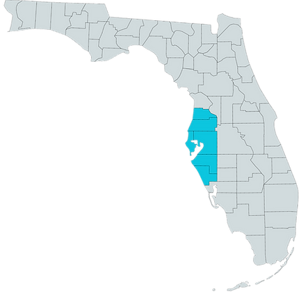 Map of Florida With Pinellas, Hillsborough, Pasco, Hernando, Sarasota Counties Highlighted