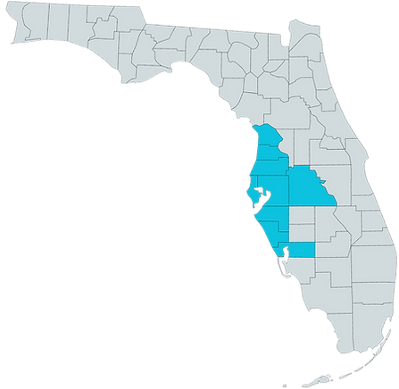 Map of Florida with counties served highlighted blue: pinellas, hillsborough, pasco, hernando, citrus, polk, manatee, sarasota, & charlotte counties