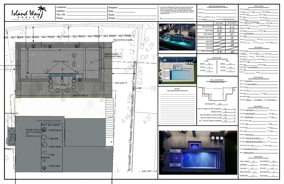 Blueprint of a pool design by Island Way Pools. Includes pool dimensions, equipment layout, and color photos of pool renderings.