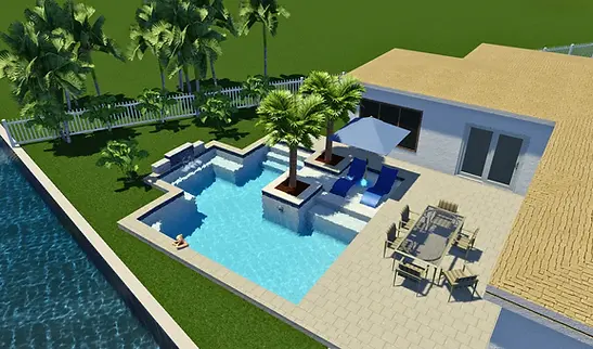 3D Pool Design Featuring A Geomretic Pool, Sunshelf, Cascading Water Fall, & Running Bond Decking In Pinellas County