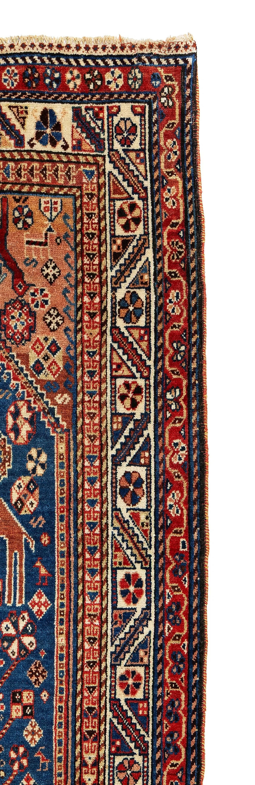 サムネイル： Antique Qashqai Rug, Persia, circa 1890–1900, 225 × 140 cm, handwoven featuring camels