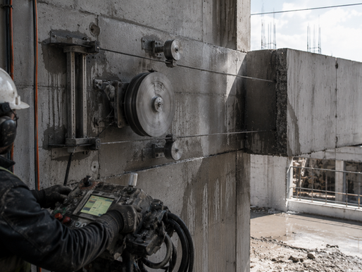 Hatay halatlı beton kesme şantiyesinde elmas telli hidrolik kesme makinesi ile büyük beton kütlesinin kesilmesi