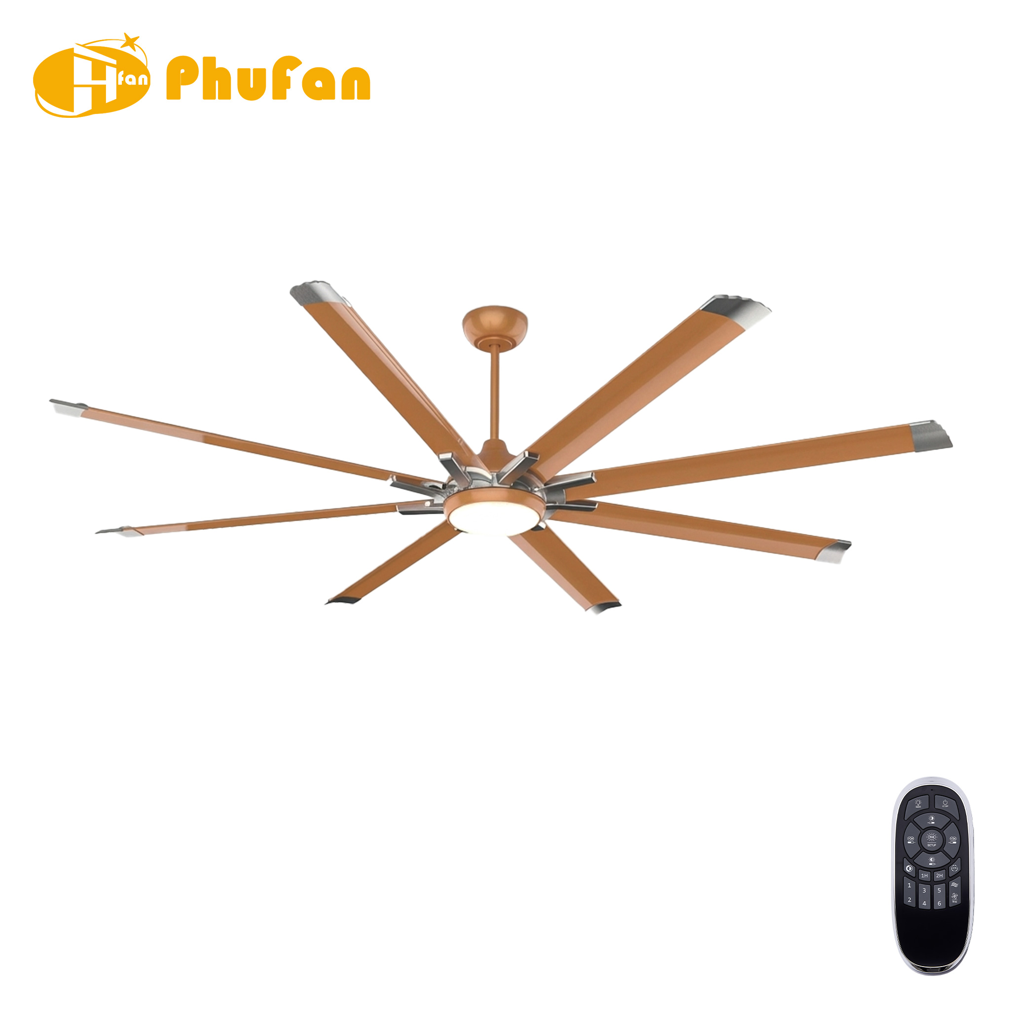 Eight orange blades with silver tips on a large fan light with matching downrod, pictured beside a remote.