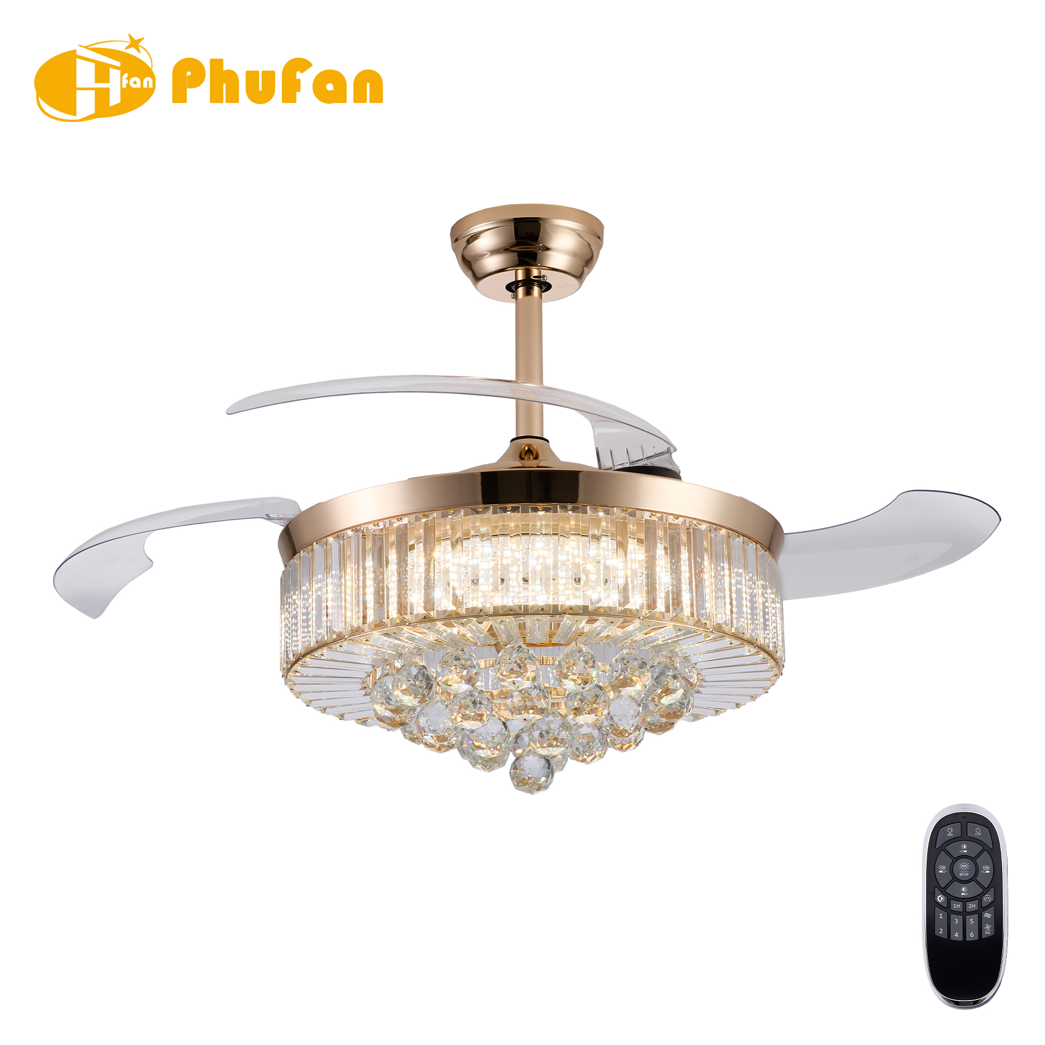 Luxury ceiling fan with light and DC motor, gold frame, hanging crystal drops and clear blades shown extended.