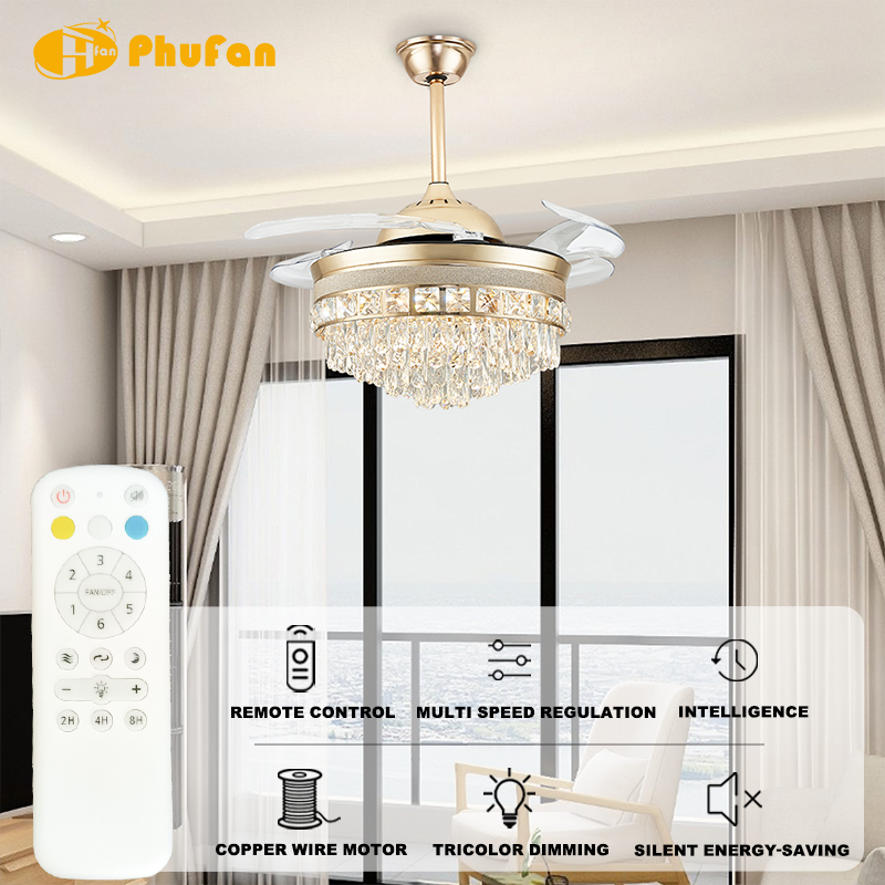 Premium Crystal Fan Lamp with Remote Dimmable for Villa Bedroom