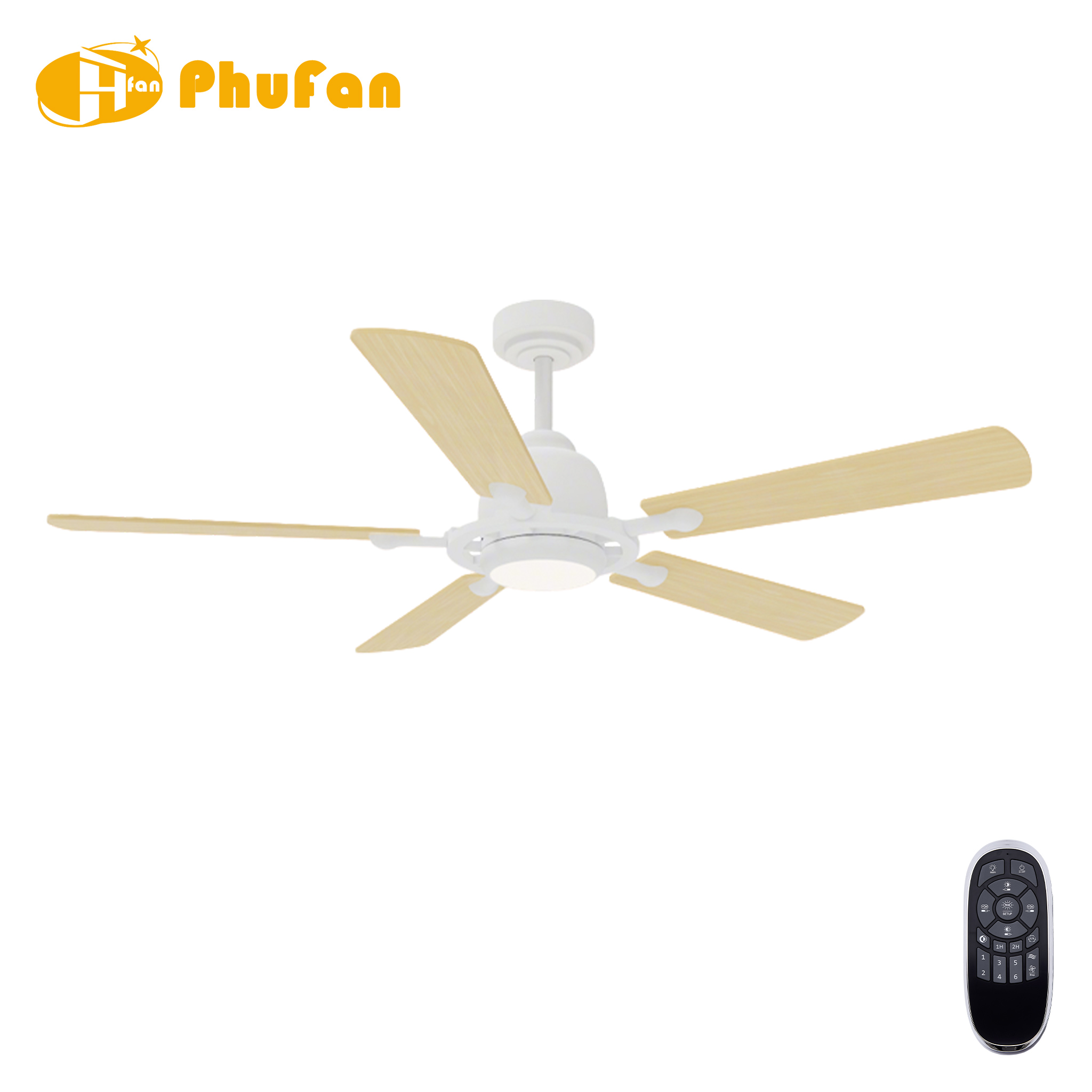 White fan light with five pale wood-grain blades, a round LED diffuser and matching downrod, beside a remote.