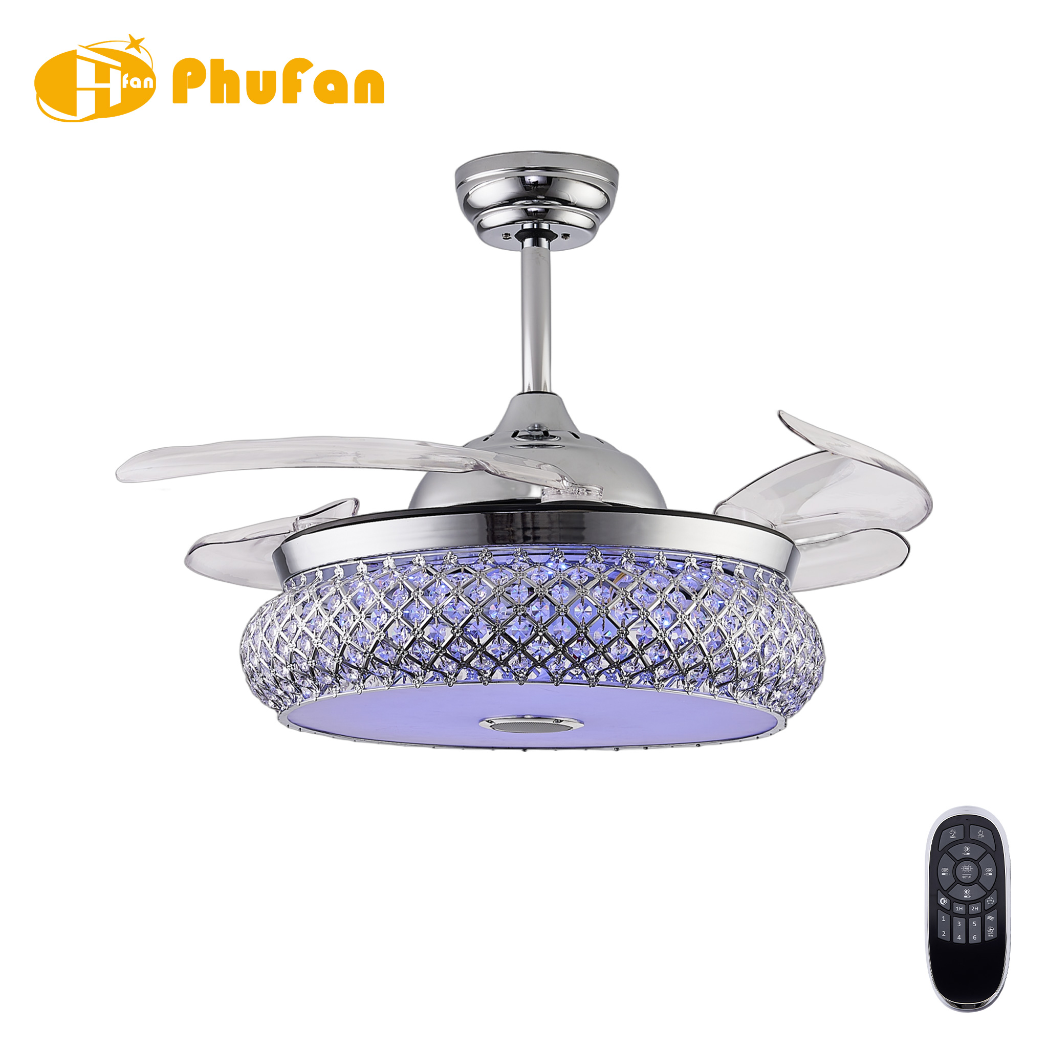 Diamond Crystal Mesh RGB Retractable Fan Light Fixture for Bedroom