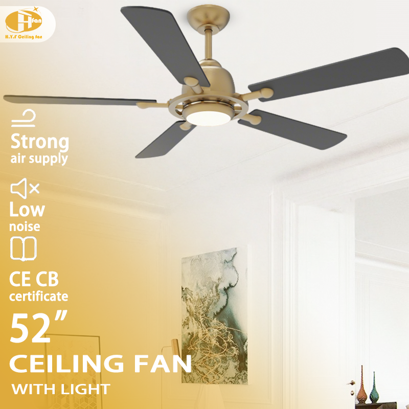 52 inch ceiling fan with light and remote control, black blades and gold housing in a bedroom illustration.