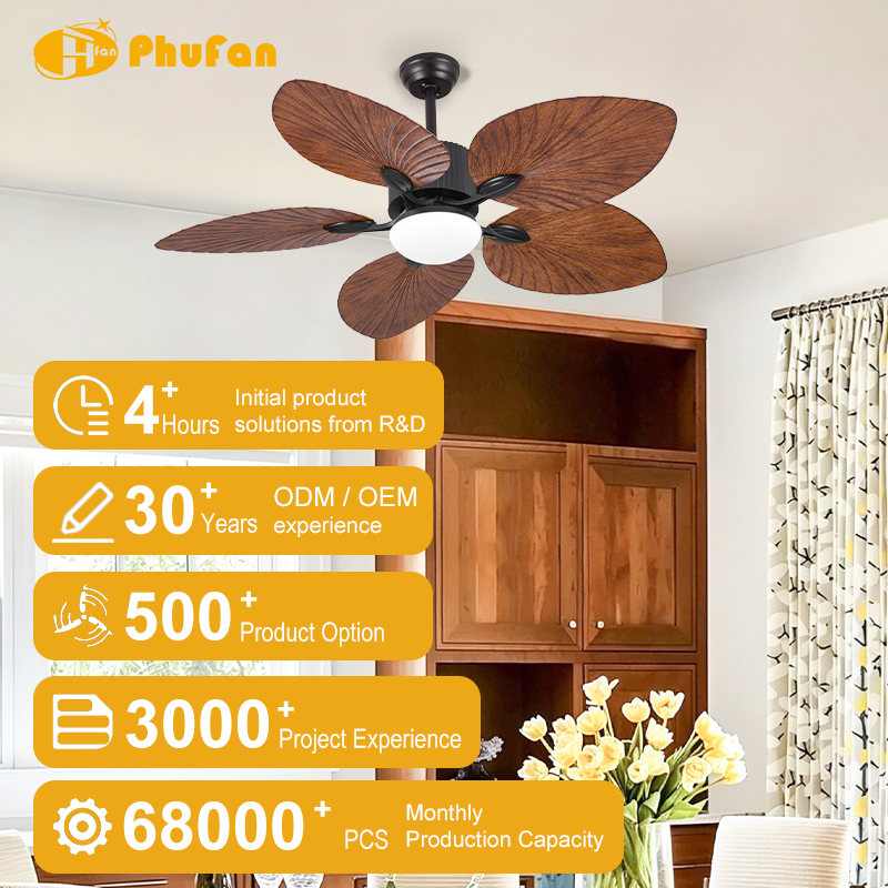 5 Palm Leaf Ceiling Fan Light, Vertical Rib Motor Body or Villa Cafe Balcony