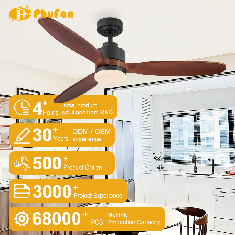 Wood blade ceiling fan with light for kitchen, shown over an island in a promotional room illustration.