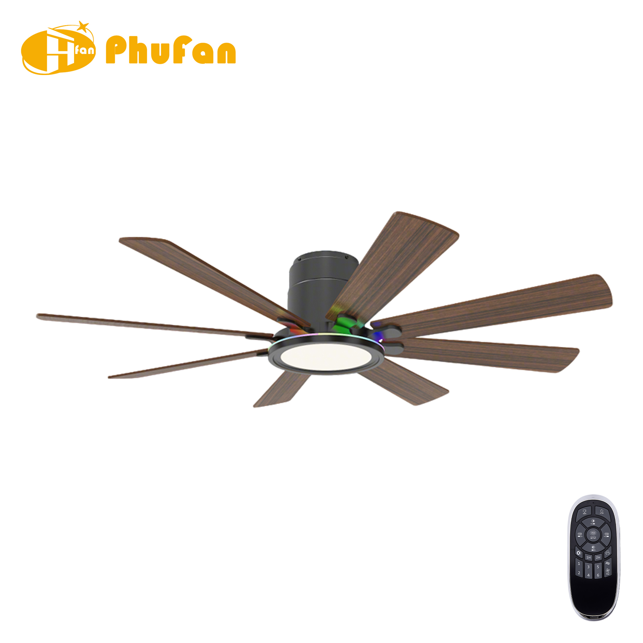 Eight wood-grain blades on a black flush-mount fan light, with an RGB accent ring and a handheld remote.