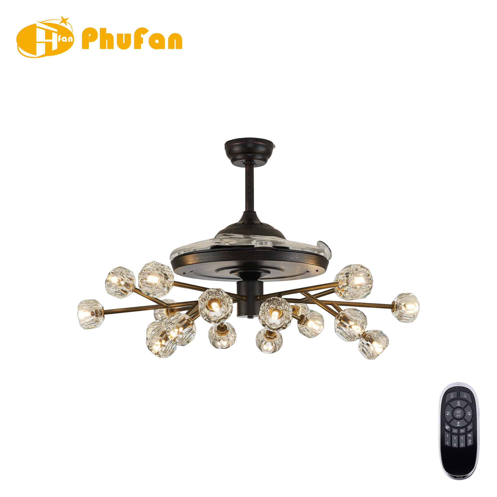 36 Inch Retractable Ceiling Fan Chandelier with Light and Remote