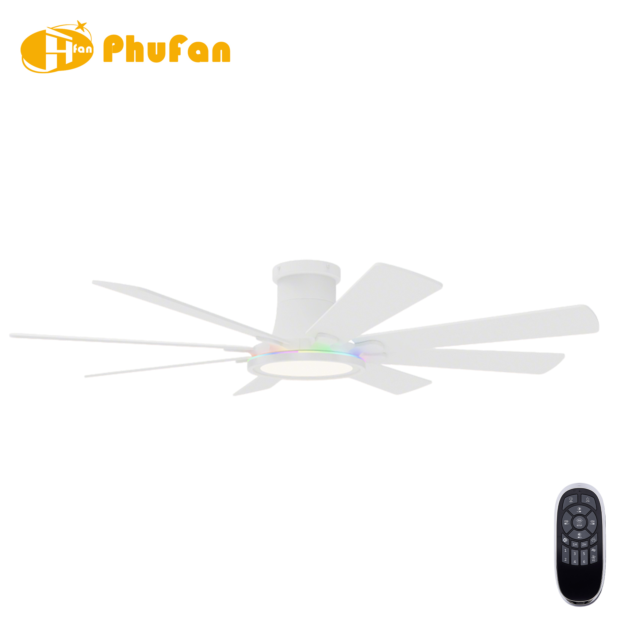Flush Mount Ceiling Fan RGB Dimmable LED Light with Remote for Large Living Room