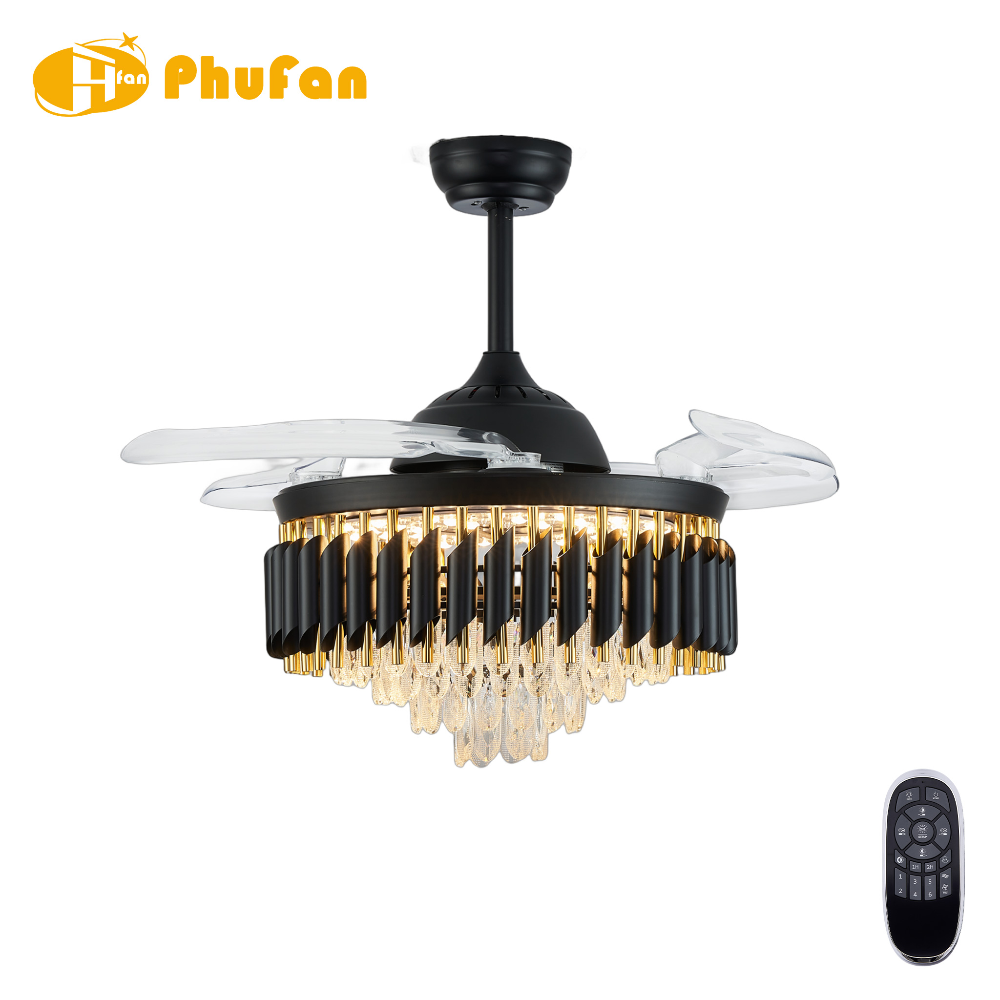 Black and gold retractable fan light with clear blades and hanging crystal pendants, pictured beside a remote.