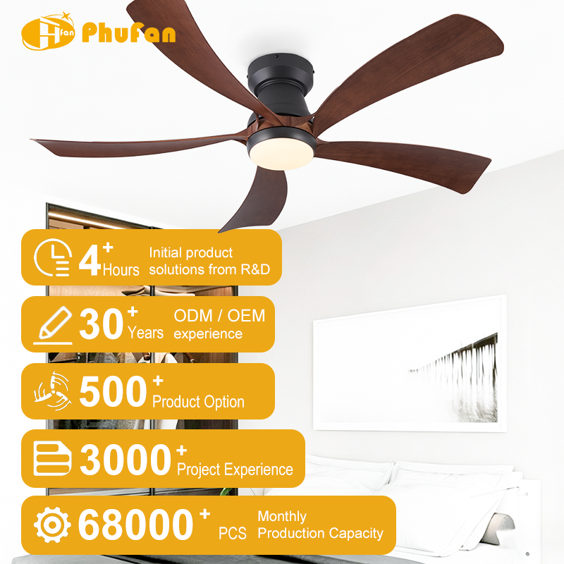 Flush Mount Ceiling Fan with LED Light and Remote - 5 Curved Blades