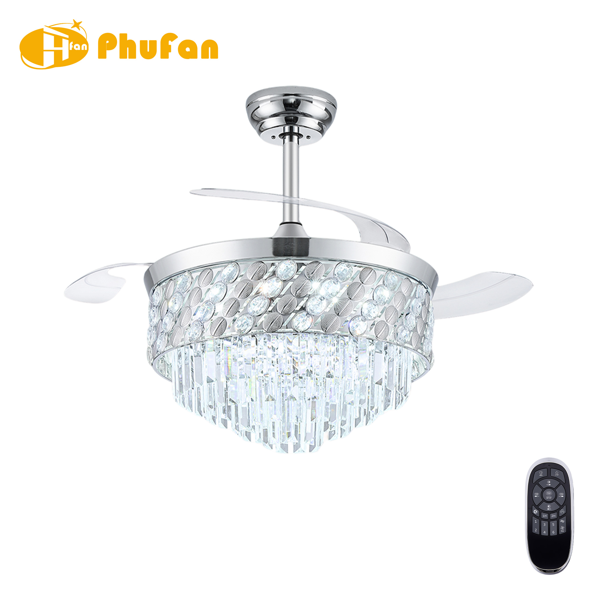 Chrome crystal fan light with transparent retractable blades and a layered crystal shade, pictured with its remote.