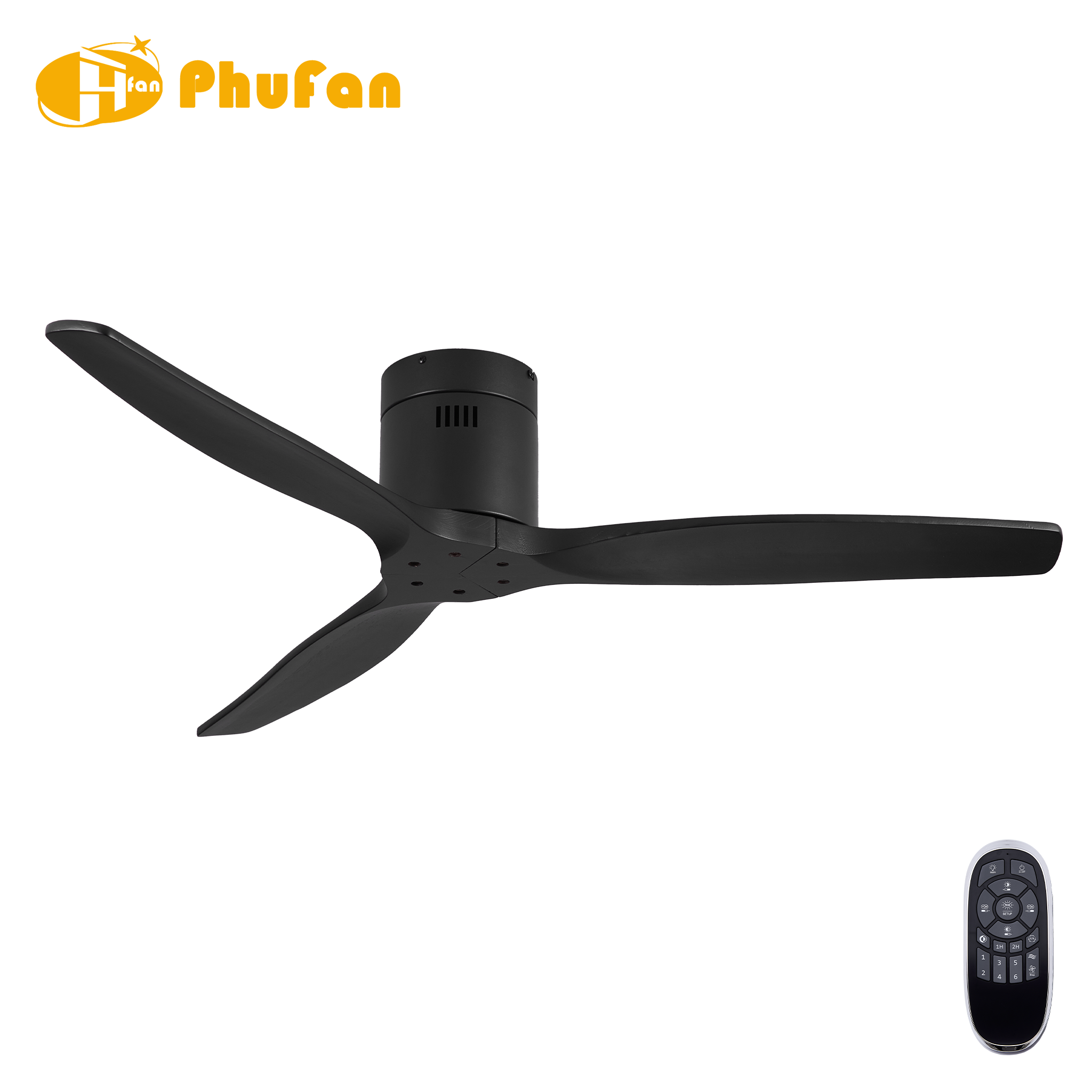 Black flush-mount ceiling fan without a light, with three slim solid-wood blades on a white background.