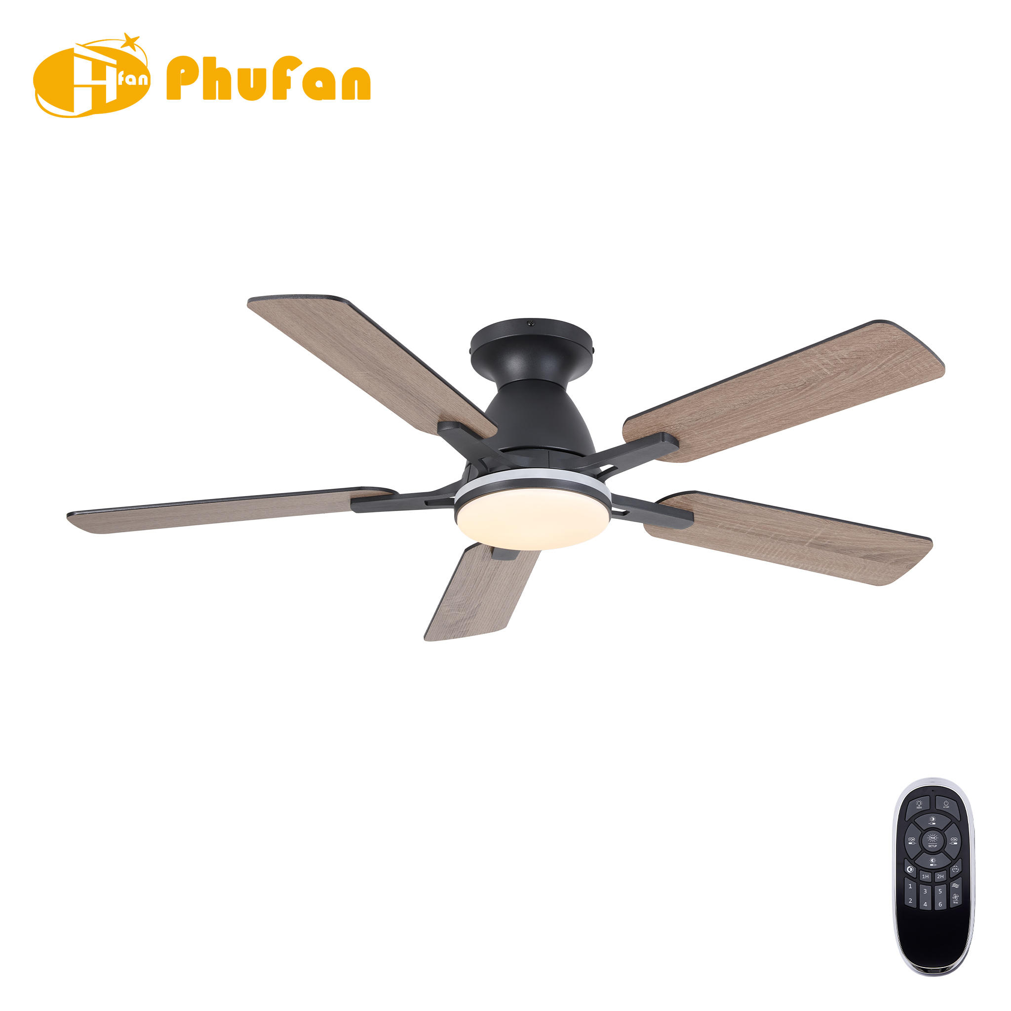 Flush mount farmhouse ceiling fan with light, five wood-grain blades and a dark round housing.