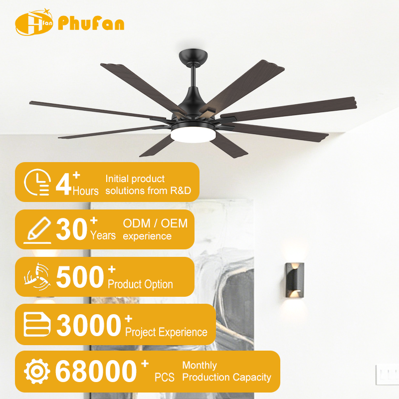 Rustic ceiling fan with light for living room, eight scalloped wood-grain blades in a bright interior illustration.