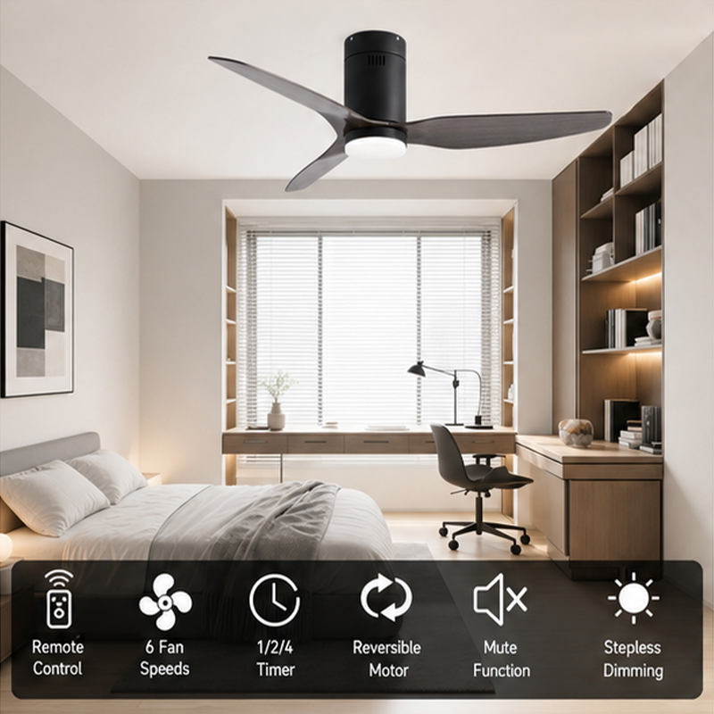 Miniatura: 3 Blade Flush Mount Ceiling Fan Light, Dark Wood Plywood Blades DC Motor