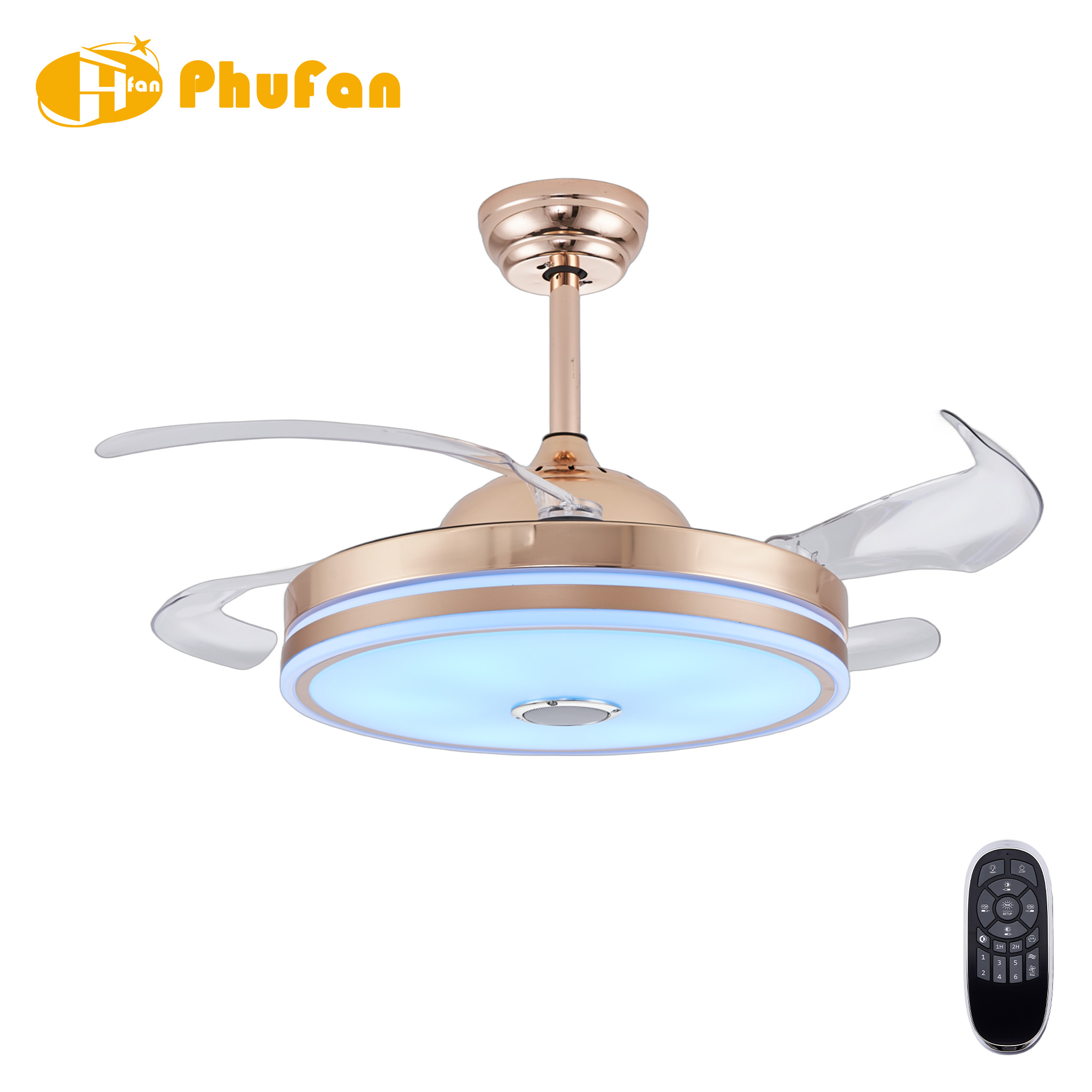Retractable Ceiling Fan DC Motor RGB Dimmable LED Tuya Smart Control for Villa