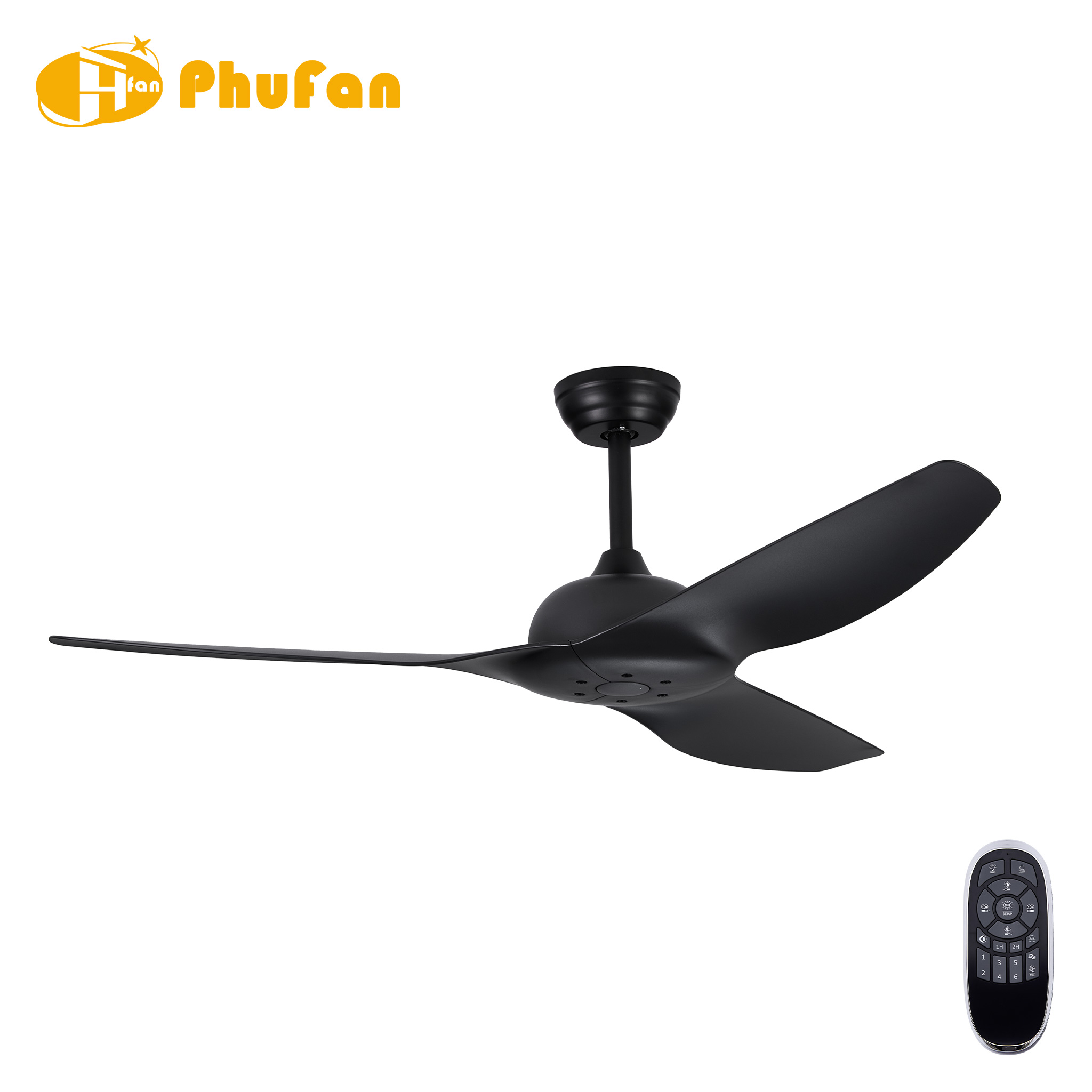 52-inch ceiling fan without a light, with three matte black ABS blades and a handheld remote.