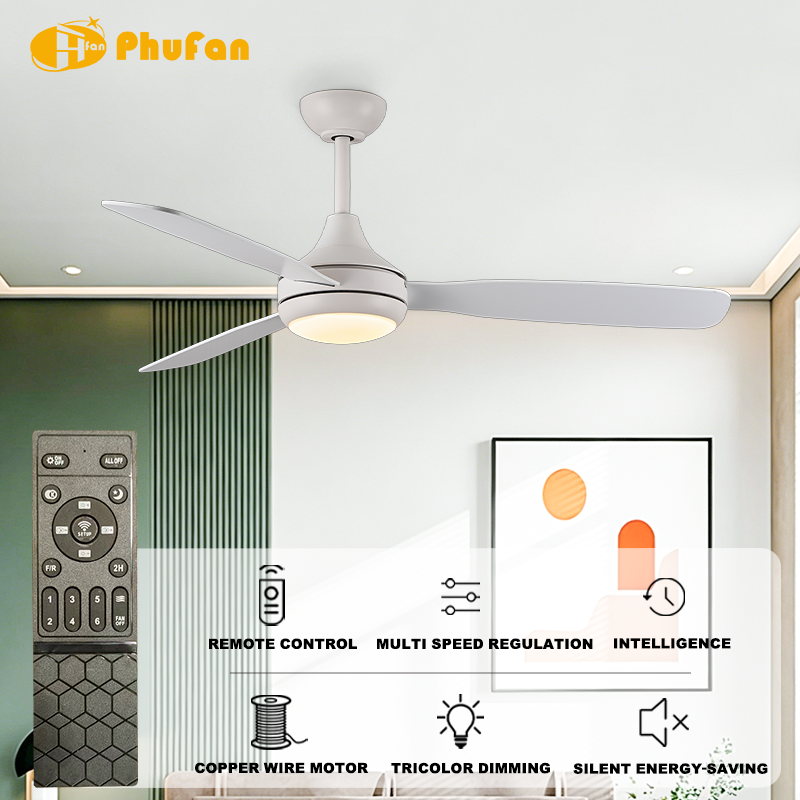 White ceiling fan with light for living room, three plywood blades and a short downrod in an interior illustration.