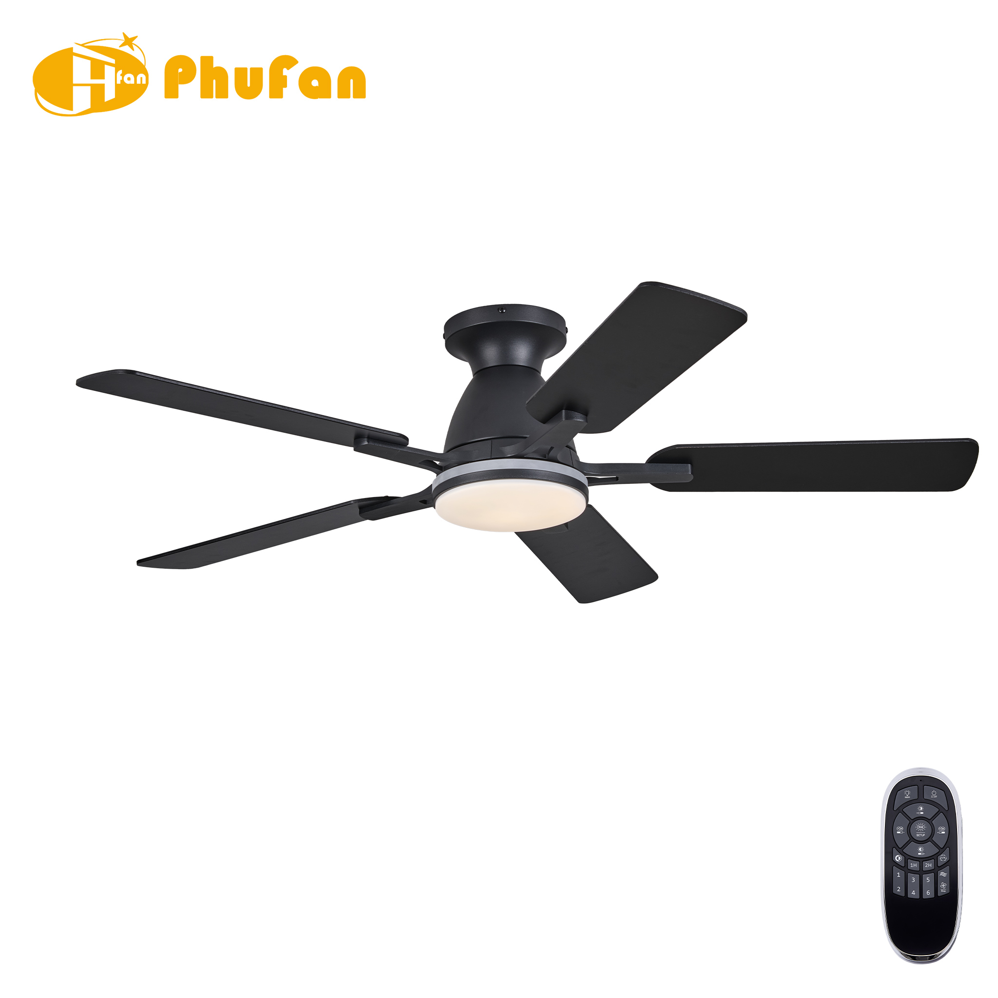 Flush mount ceiling fan with light for dining room, five black blades and an illuminated LED ring.