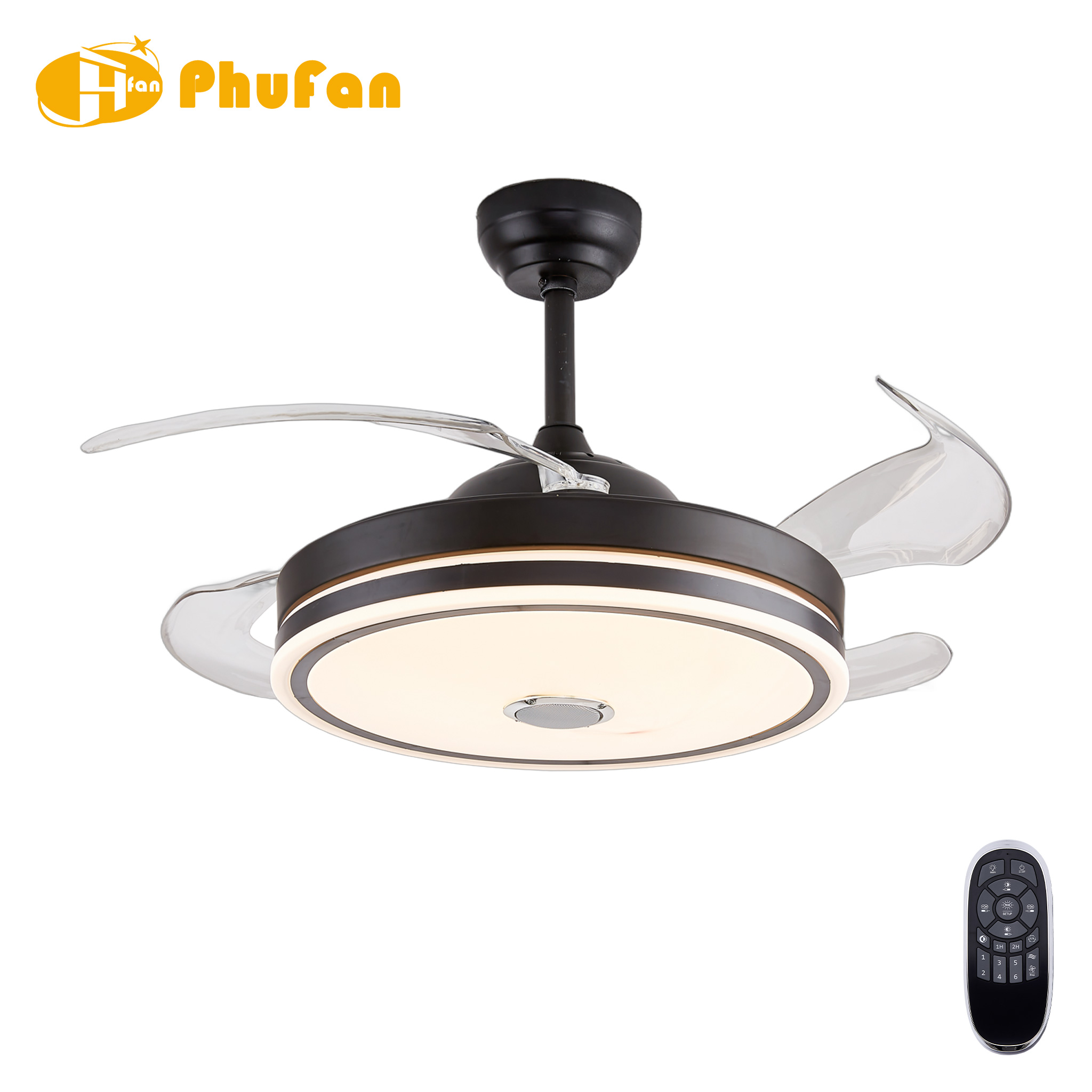 Retractable Ceiling Fan DC Motor RGB Dimmable LED Tuya Smart Control for Villa