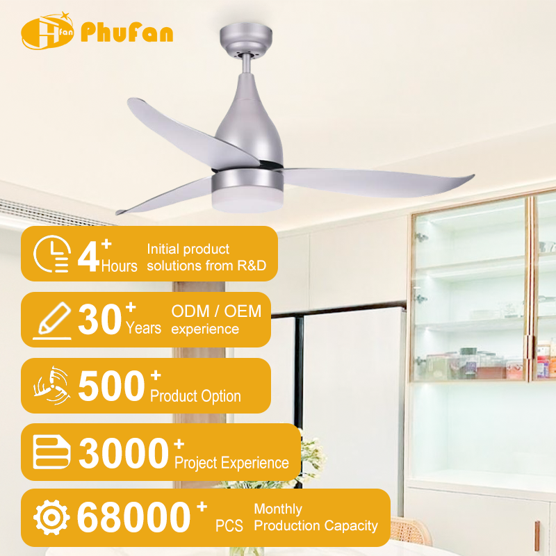 Contemporary ceiling fan with light for kitchen, silver three-blade design pictured in a kitchen illustration.