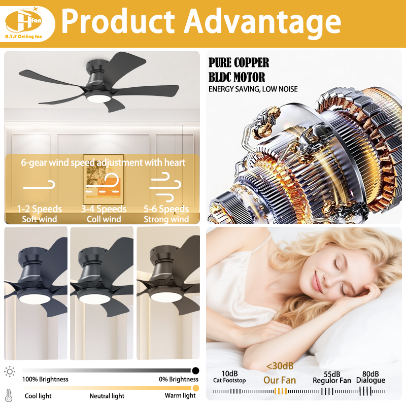 Flush Mount Ceiling Fan with LED Light and Remote - 5 Curved Blades