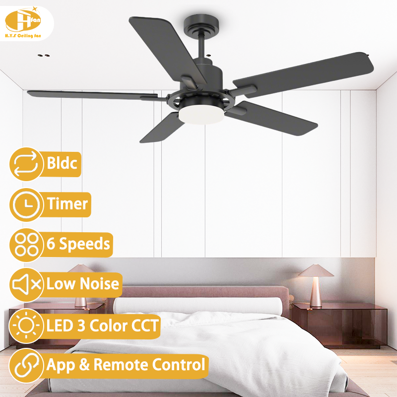 Matte black ceiling fan with light and remote control, shown with five straight blades in a bedroom illustration.