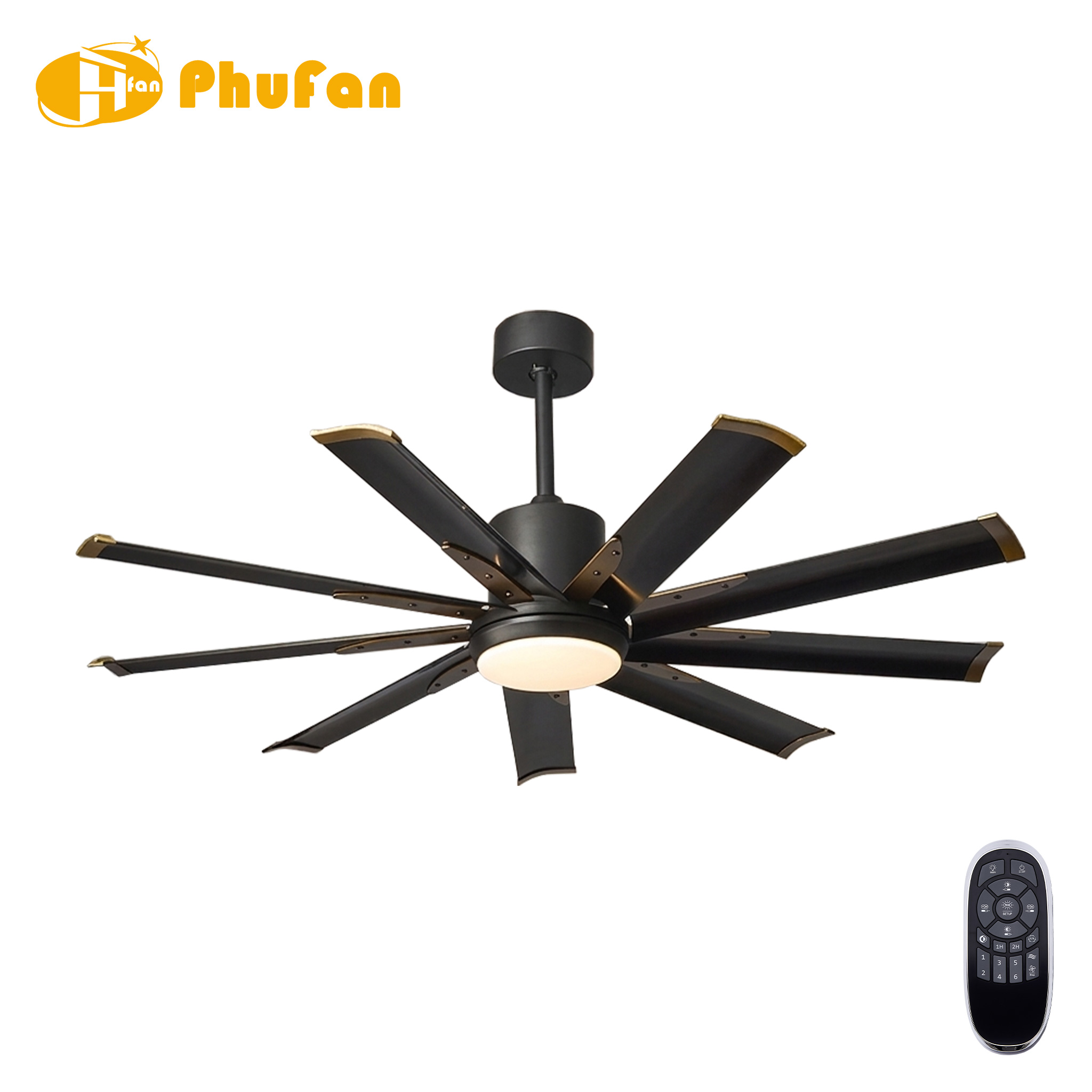 Nine-blade black ceiling fan with a round light and gold blade tips, pictured beside a remote.