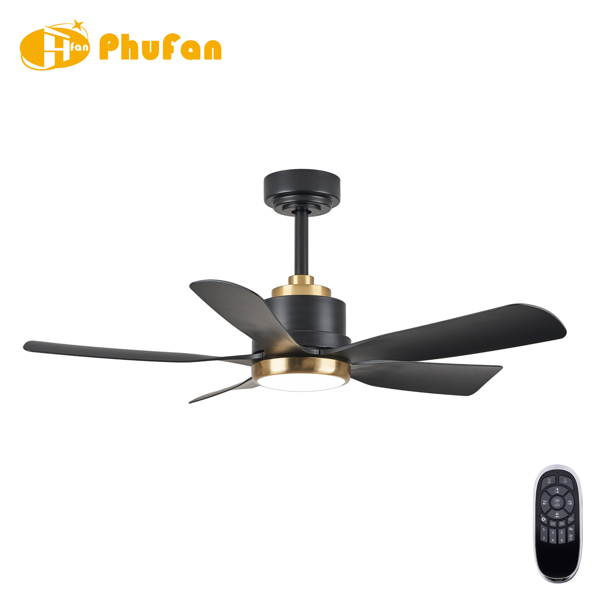 Five-blade ABS fan with a round light, black housing and gold collar detail, shown beside its remote.